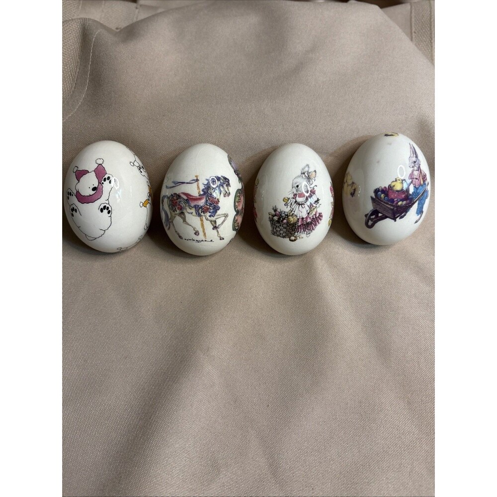 The Egg Lady VTG 4 Flat Bottom Eggs Carousel Horse, Bunnies, Bear Porcelai